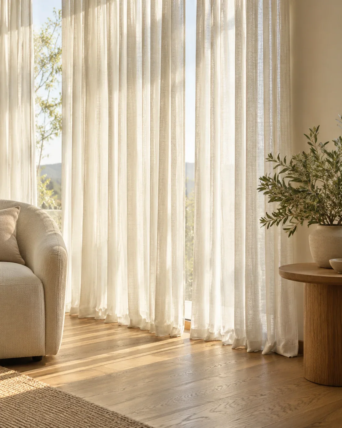 Cortinas translúcidas filtrando a luz natural em um ambiente acolhedor