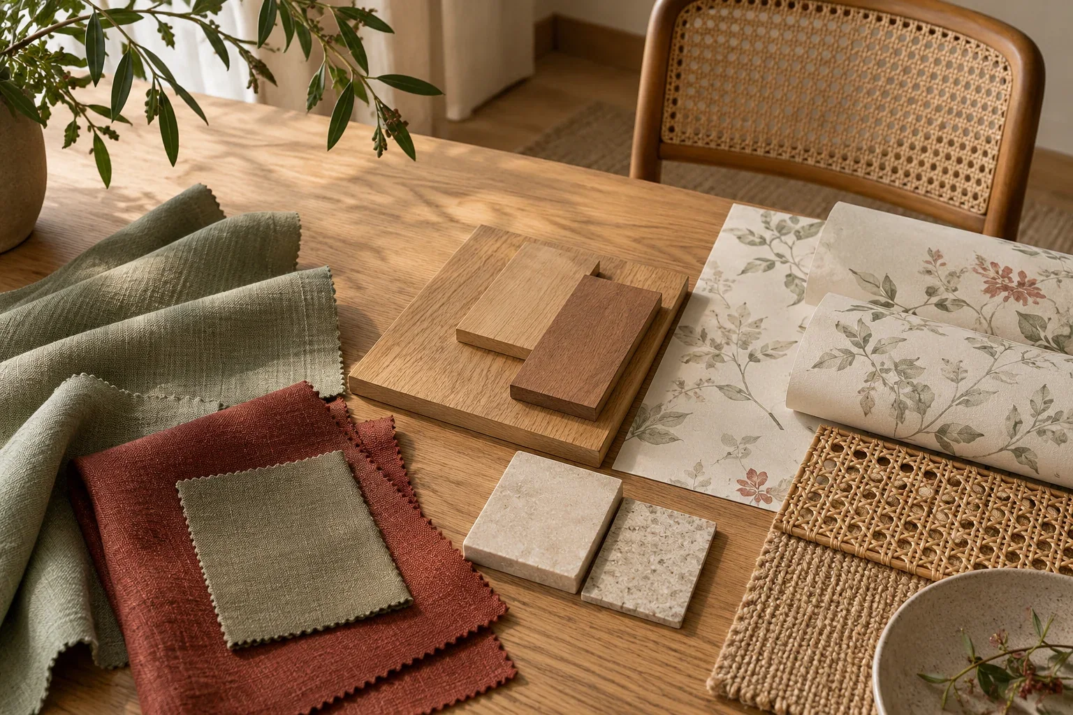 Mesa com amostras de tecidos, madeira e papéis de parede para a composição de interiores