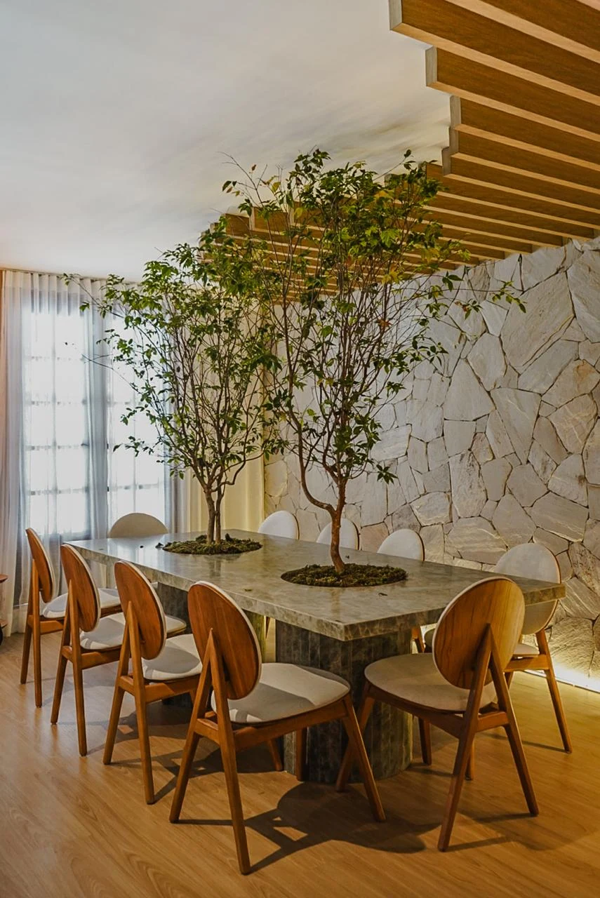 Mesa de jantar com árvores ao centro, cadeiras de madeira, parede de pedra e cortinas leves
